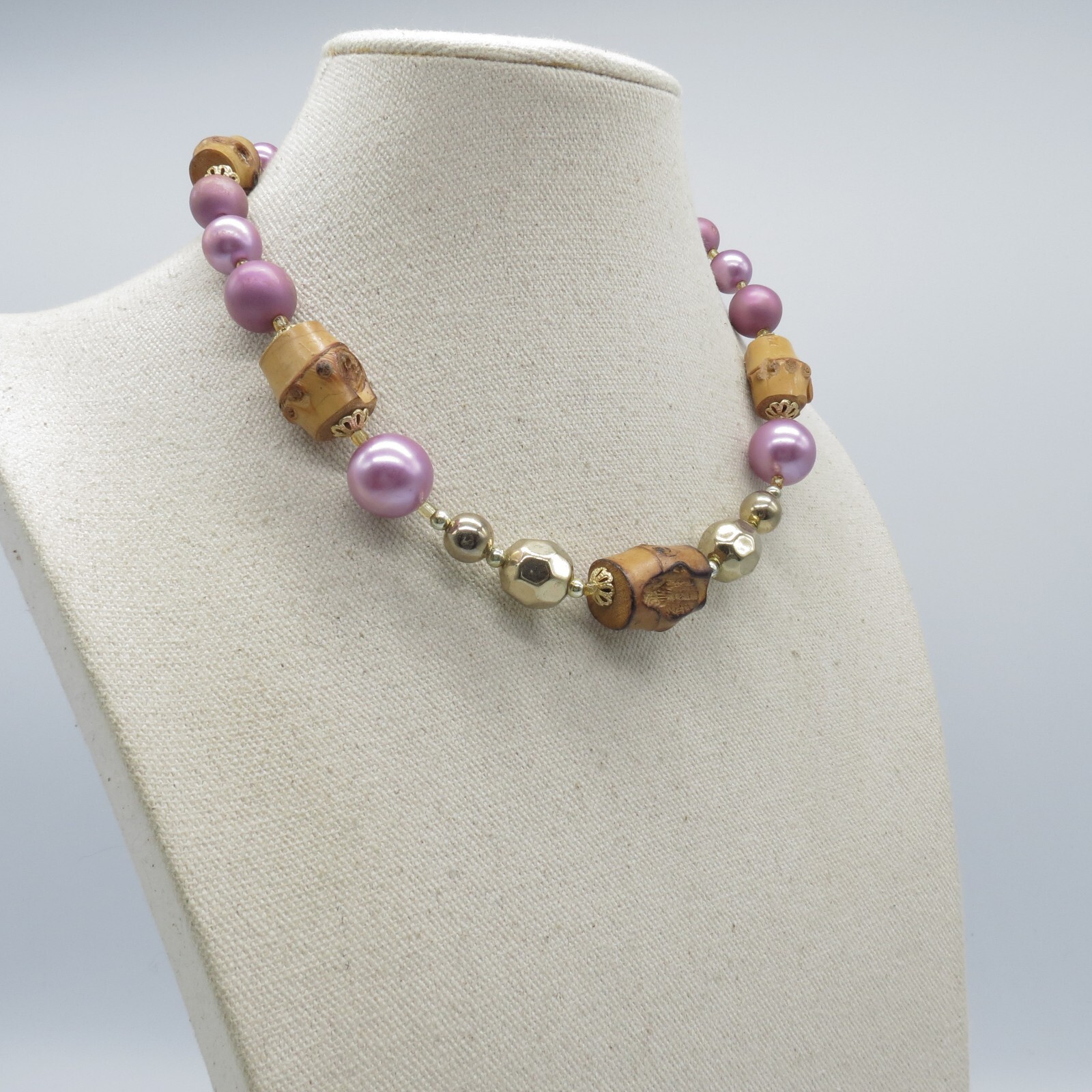 Vintage Japan Bamboo Pink Beaded Necklace Gold Tone Statement 17″