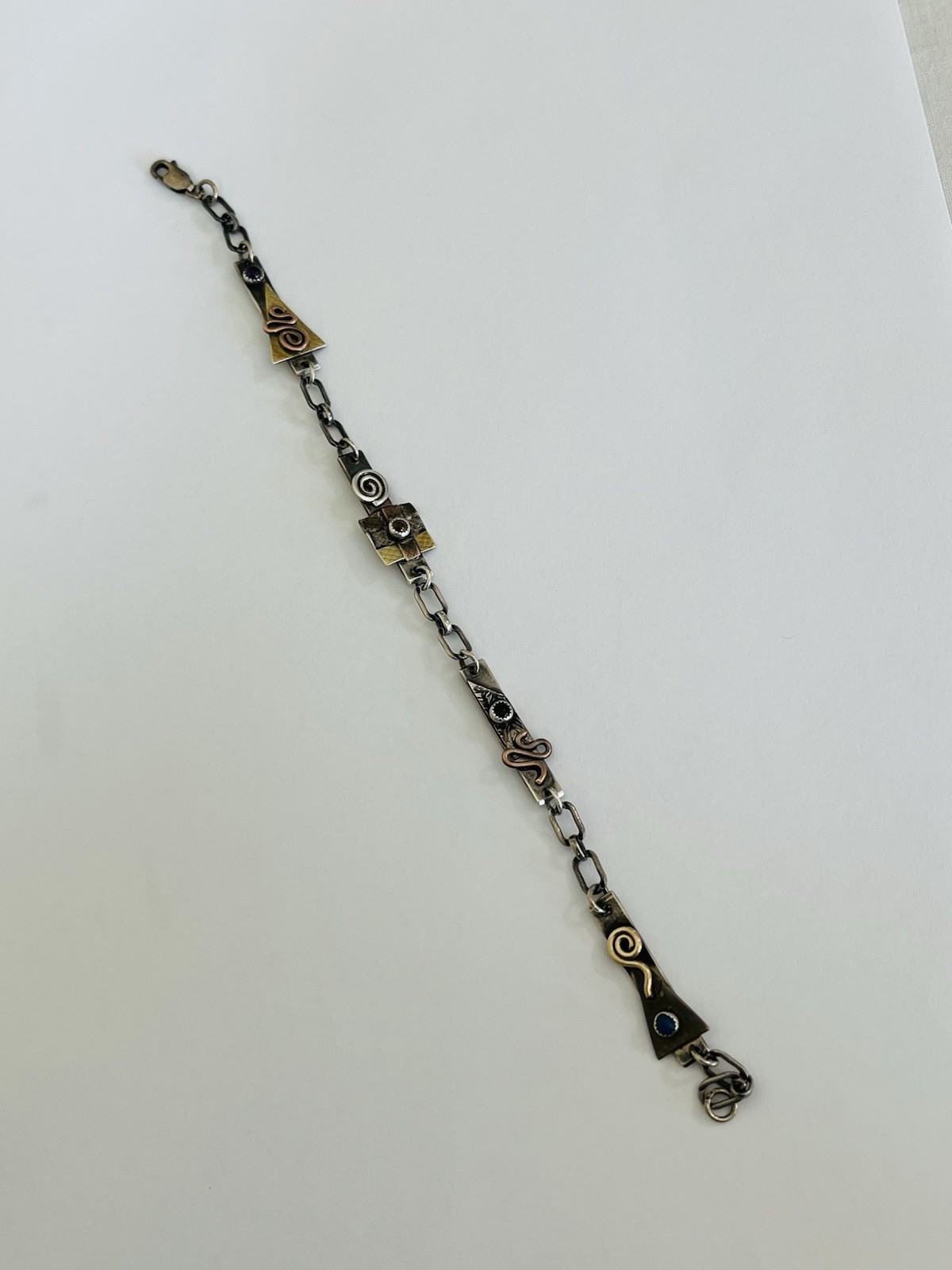 Vintage Signed MA Modernist Mixed Metal Sterling Silver Stone Link Bracelet