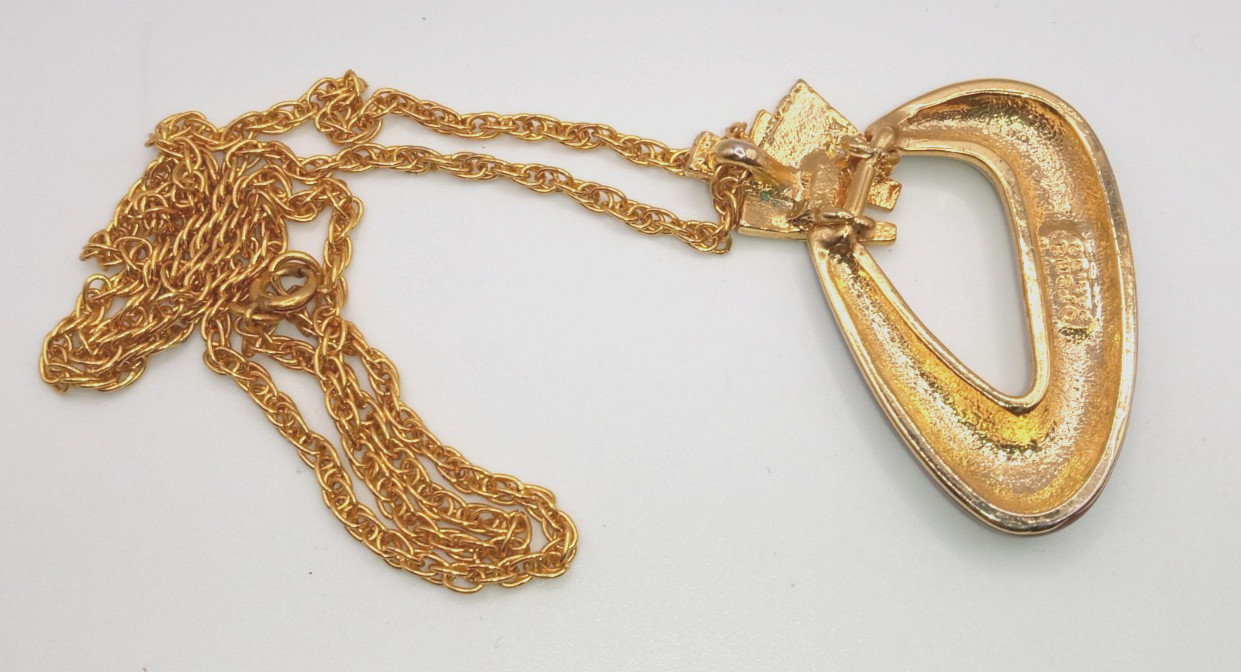 Vintage Orena Paris gold tone black brown enamel pendant necklace signed