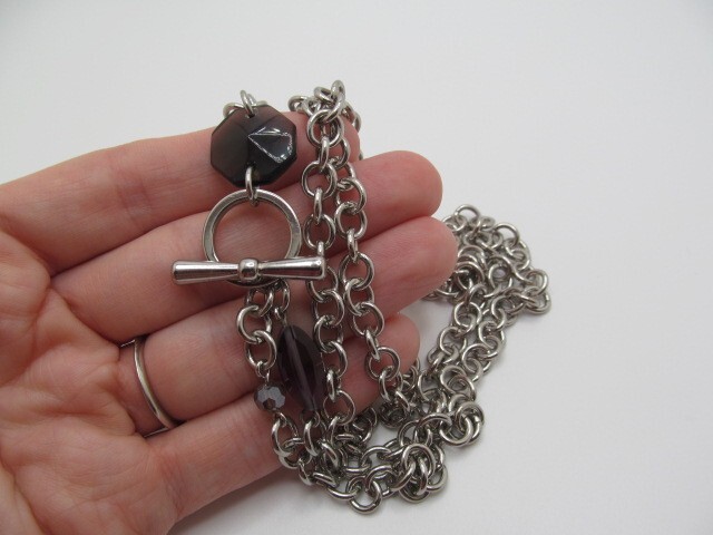 Silver Tone Double Chain Rolo Link Purple Beaded Front Toggle Necklace 19.75 In