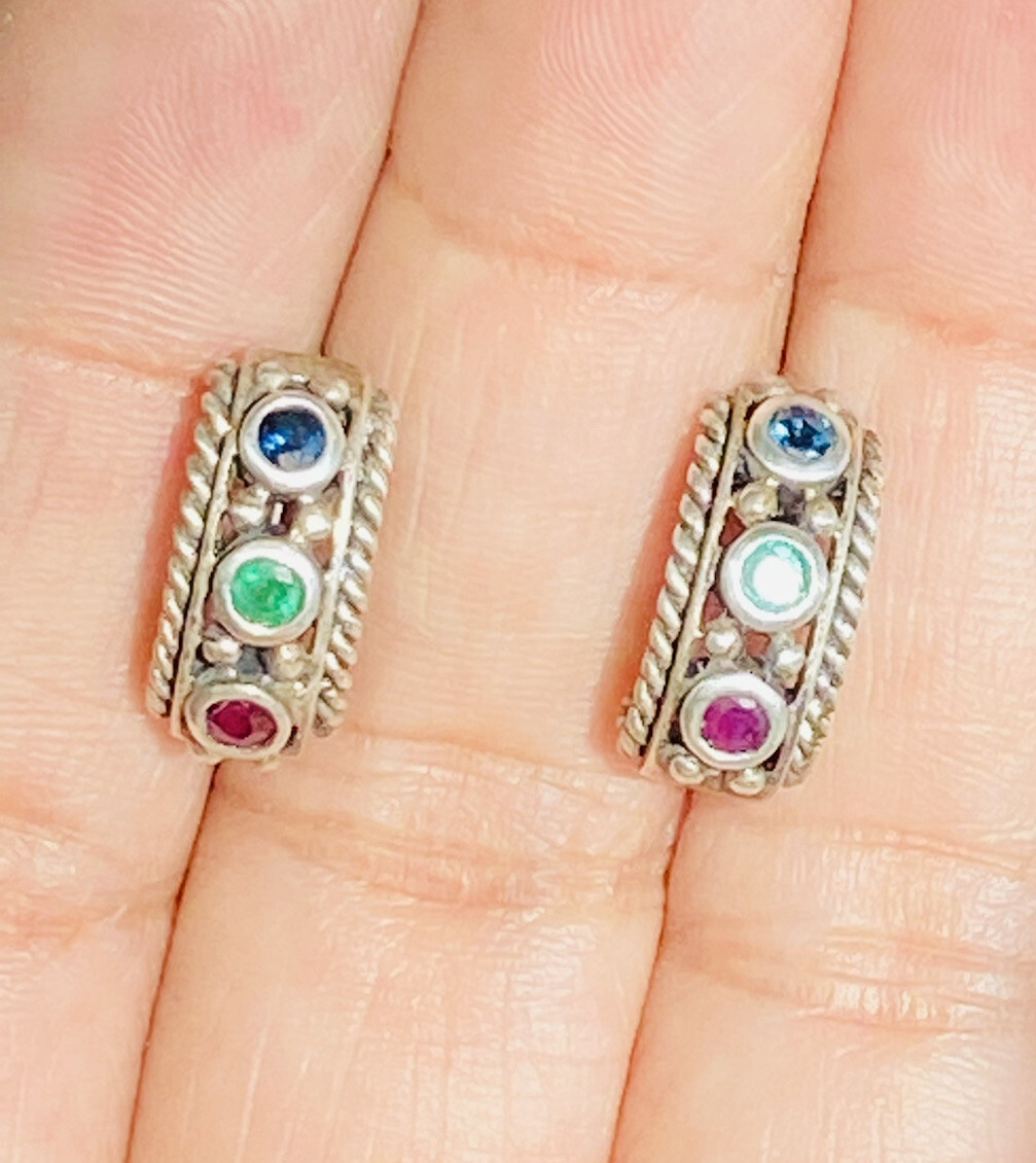 VINTAGE SIGNED STERLING SILVER RUBY EMERALD SAPPHIRE ROPED HALF HOOP EARRINGS
