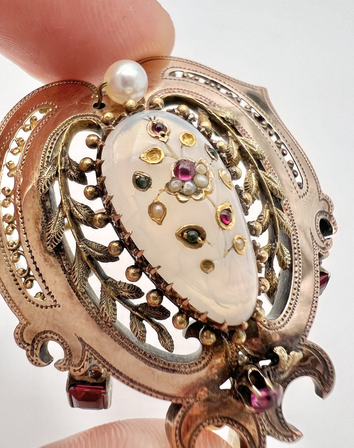 Victorian 14k Yellow Gold Rose of Sharon Opal & Ruby Emerald & Seed Pearl Brooch