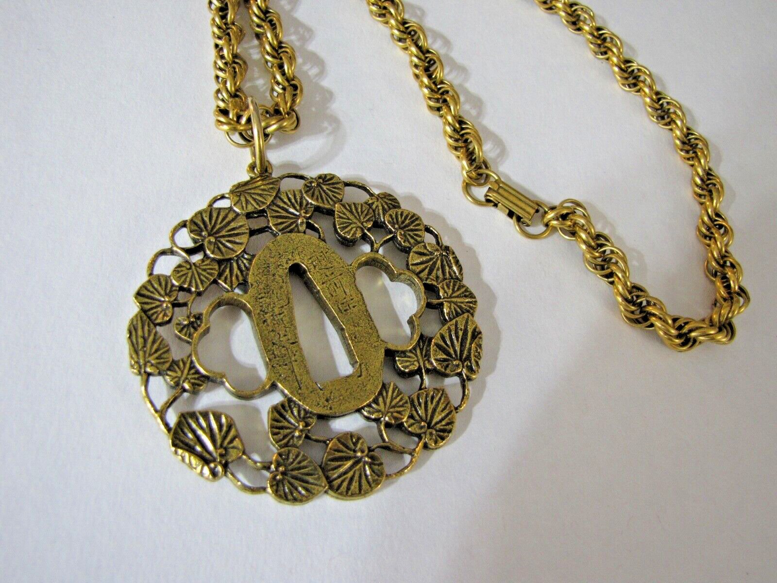 Vintage Alva Museum Replica Hollyhock Tsuba Pendant 30″ Rope Chain Signed Huge