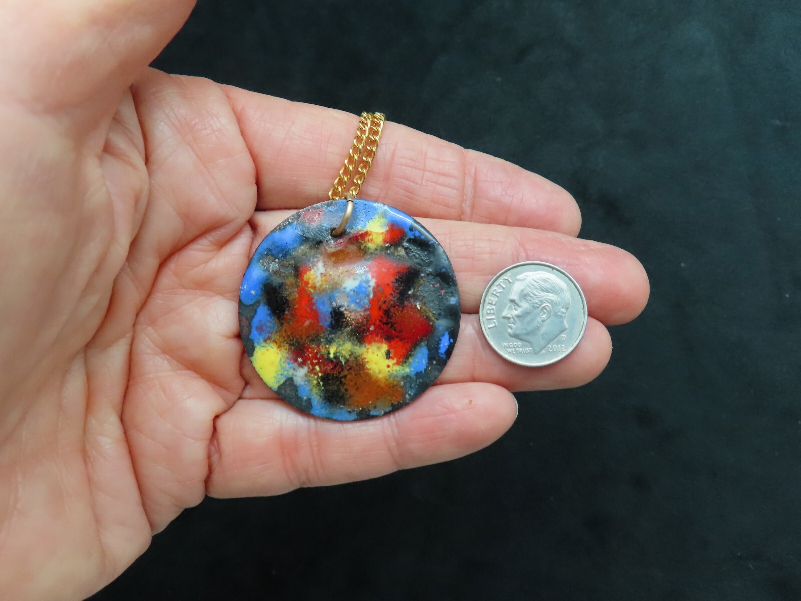 Vintage 1950’s Enamel Copper Pendant/Necklace On Gold Tone Chain