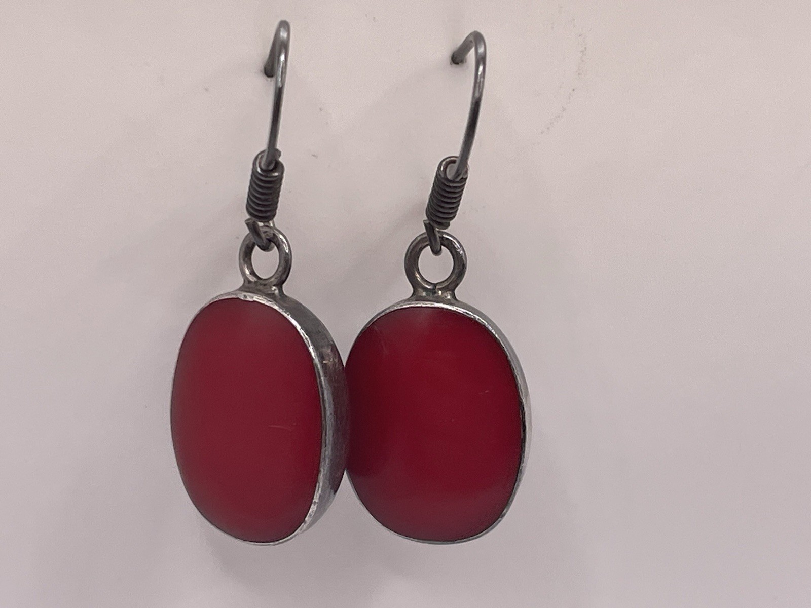 Vintage MEX 925 Sterling Silver Red Cabochon Dangle Earrings Mexico