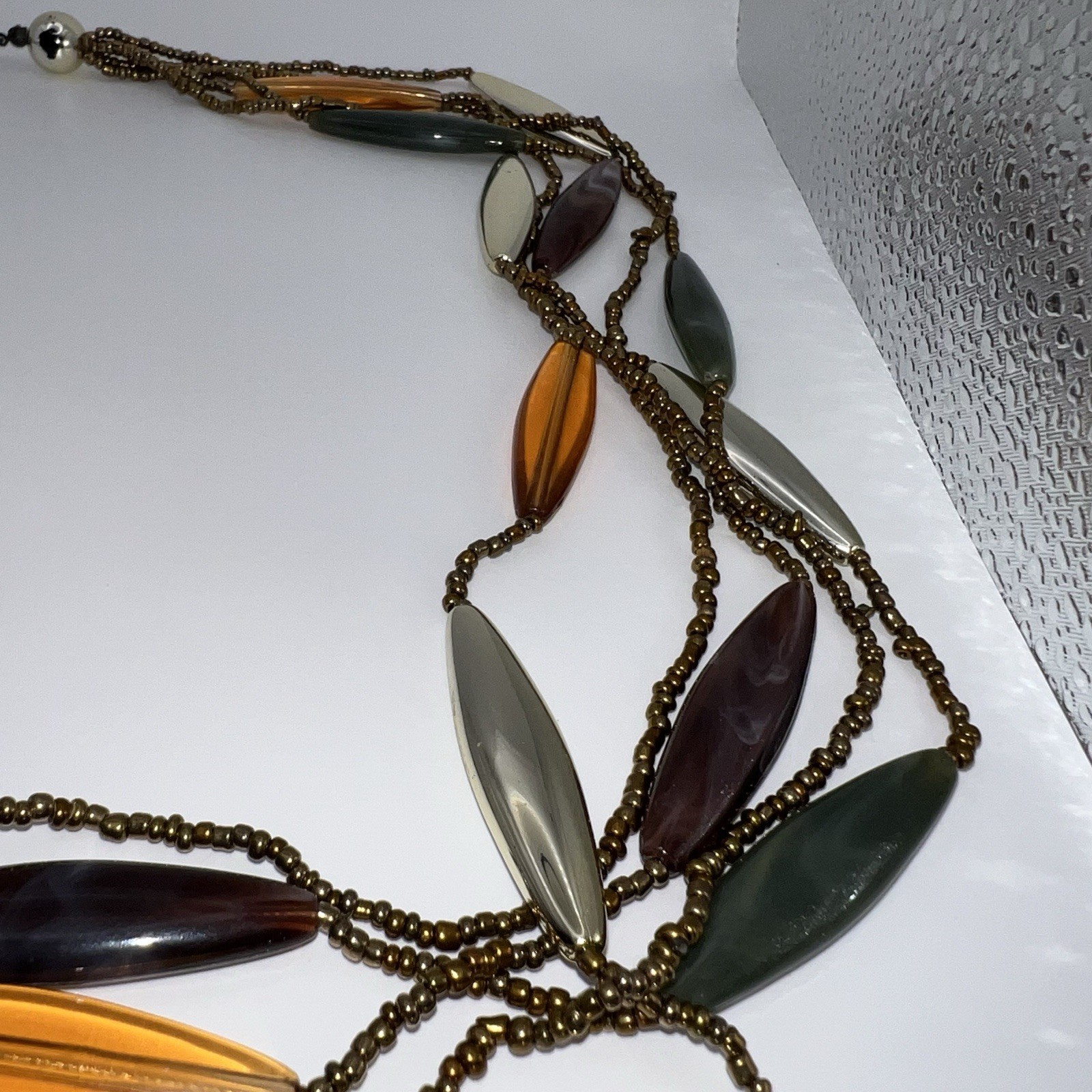 Vintage Plastic & Small Glass Beaded Necklace 32” End to End Beading Warm Colors