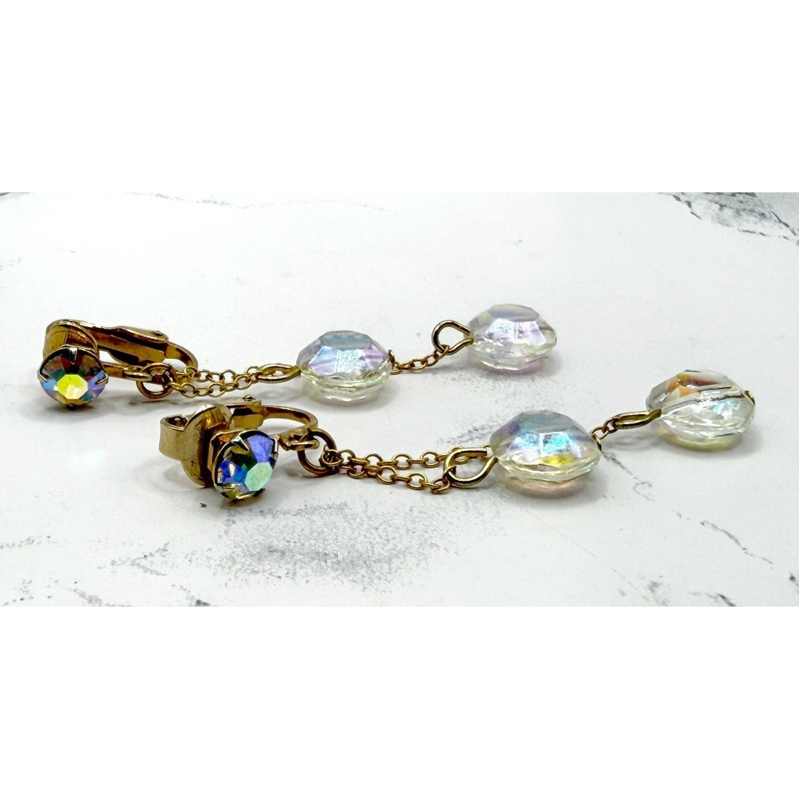Vintage Gold Tone AB Crystal Adjustable Dangle Clip On Earrings