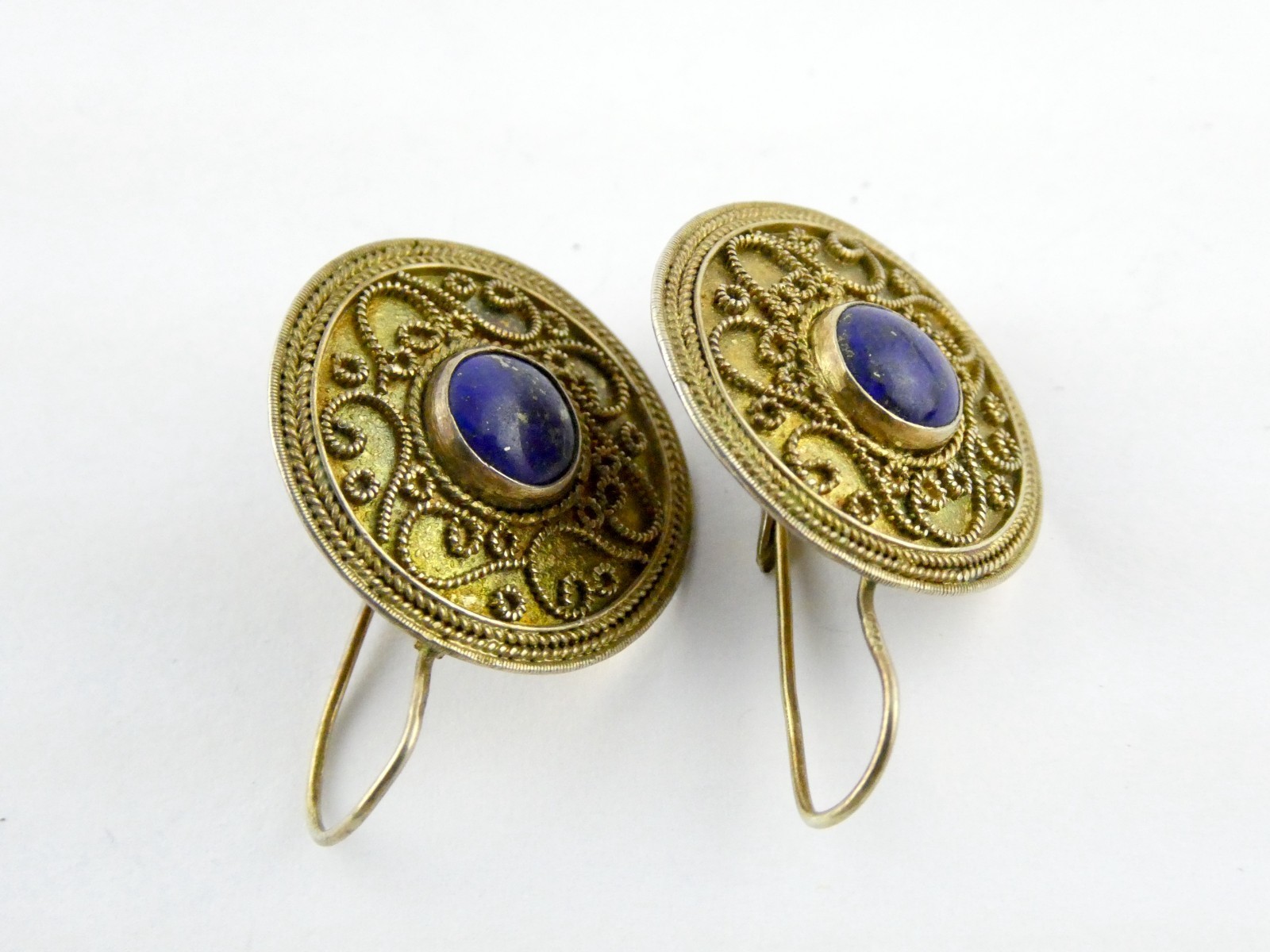 Vintage Gilt Sterling Silver Scroll Motif Lapis Lazuli Hook Earrings 7.3g 1.25In
