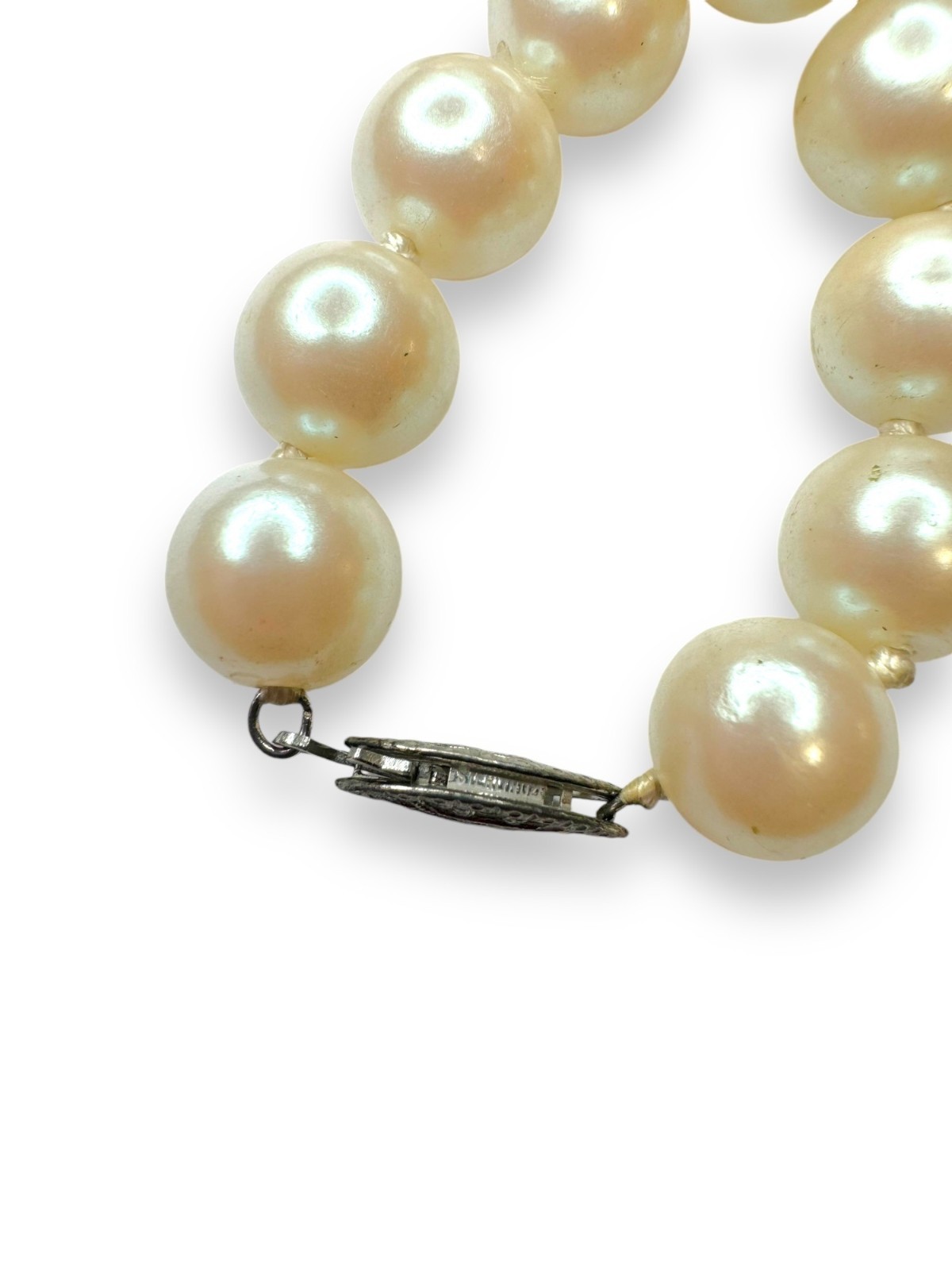 Faux Pearl Necklace Sterling Silver Fish Hook Clasp Vintage 16″