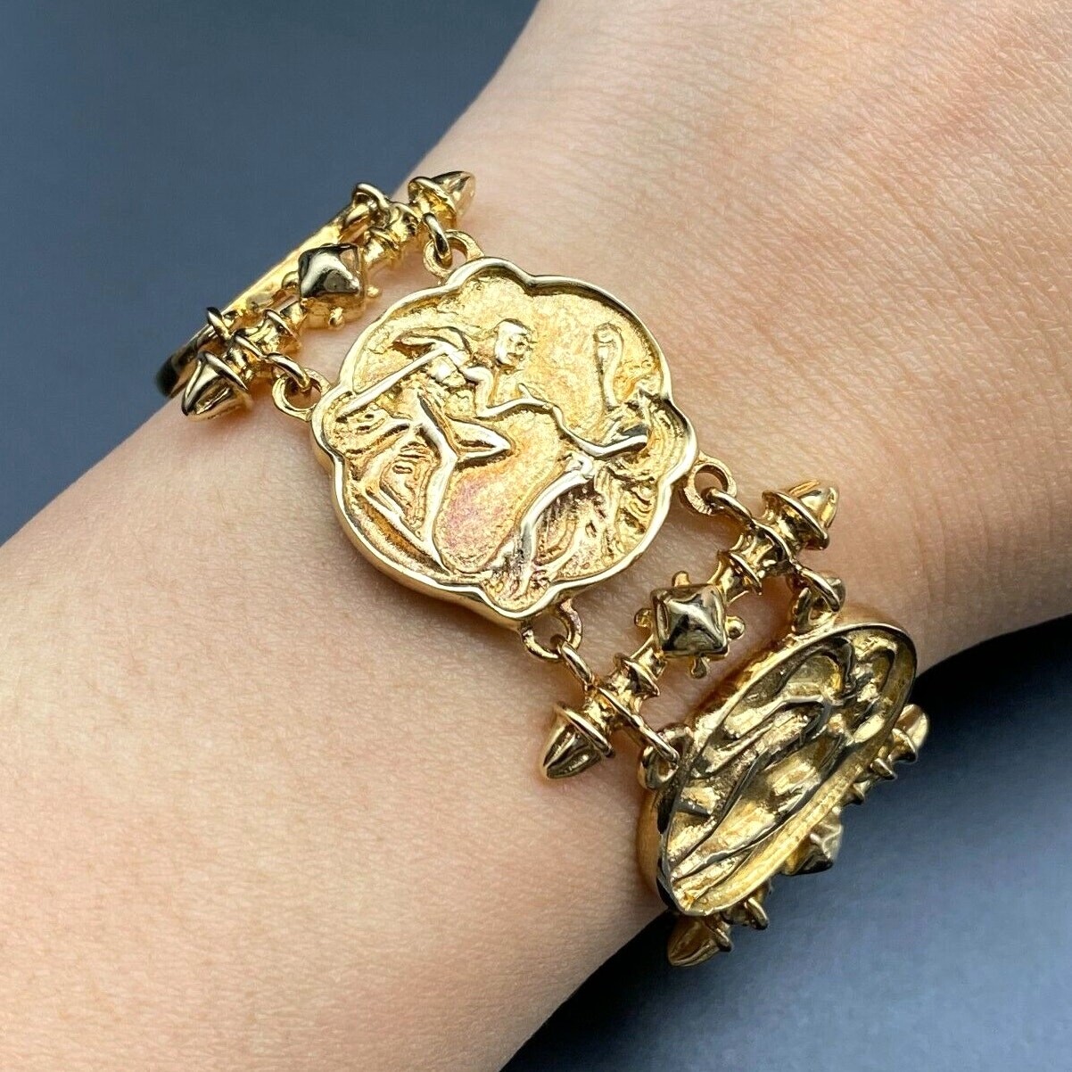 Vintage Greek Roman Storyteller Gold Wash Sterling Silver Link Bracelet 7″