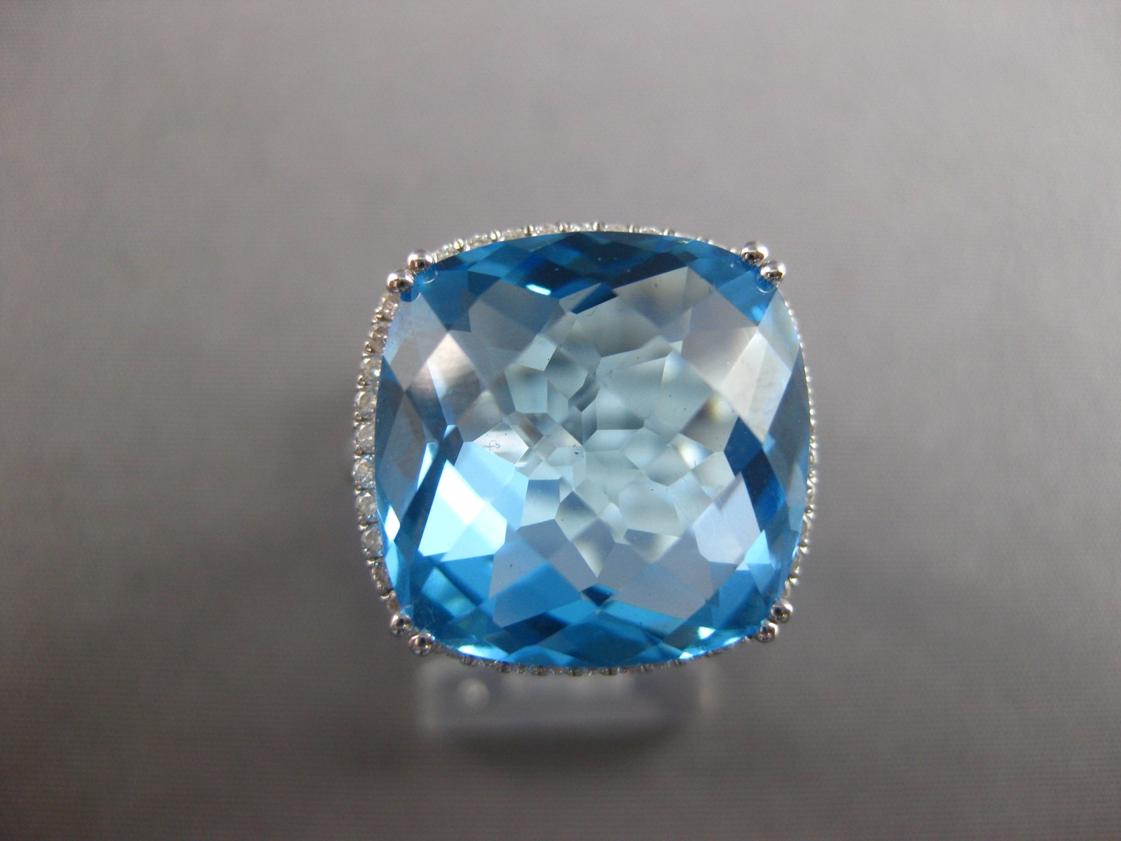 EXTRA LARGE 15.70CT DIAMOND & AAA BLUE TOPAZ 14K WHITE GOLD CUSHION & ROUND RING