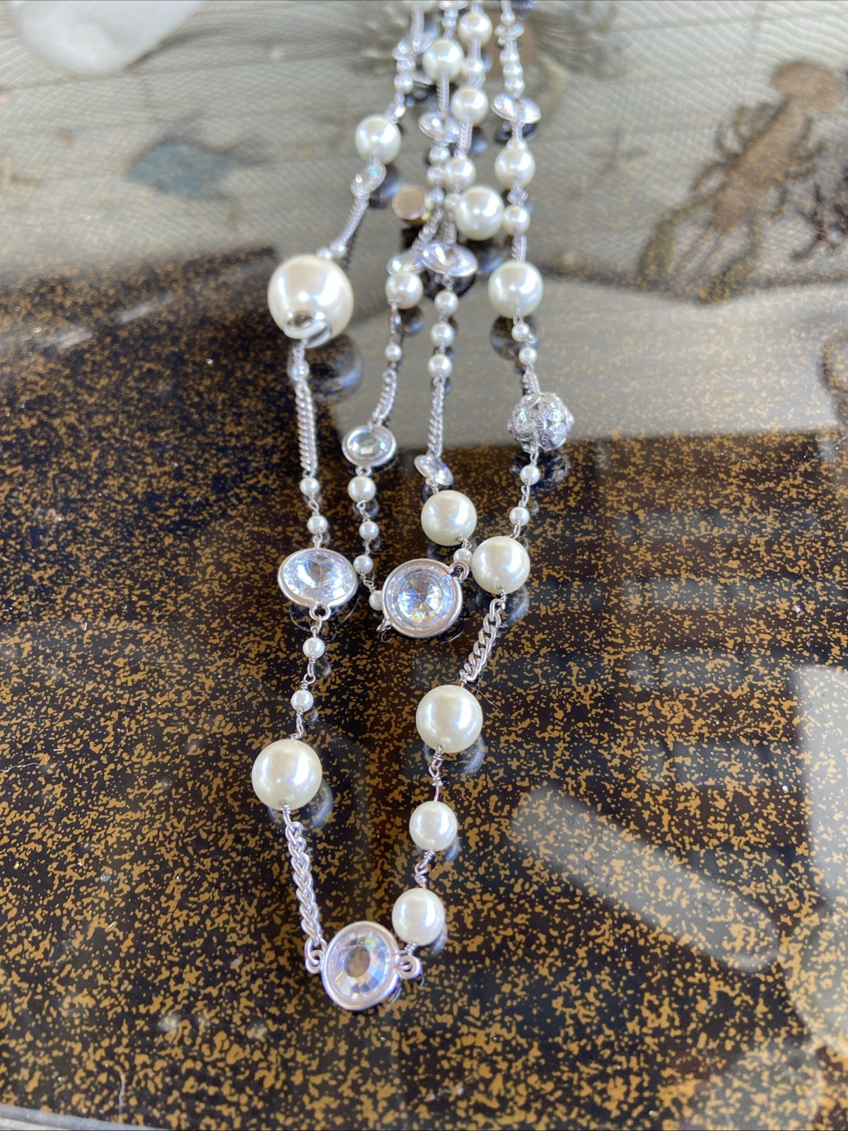 Vintage Henri Bendel Necklace Faux Pearls And Rhinestone On Silver Tone Sighned