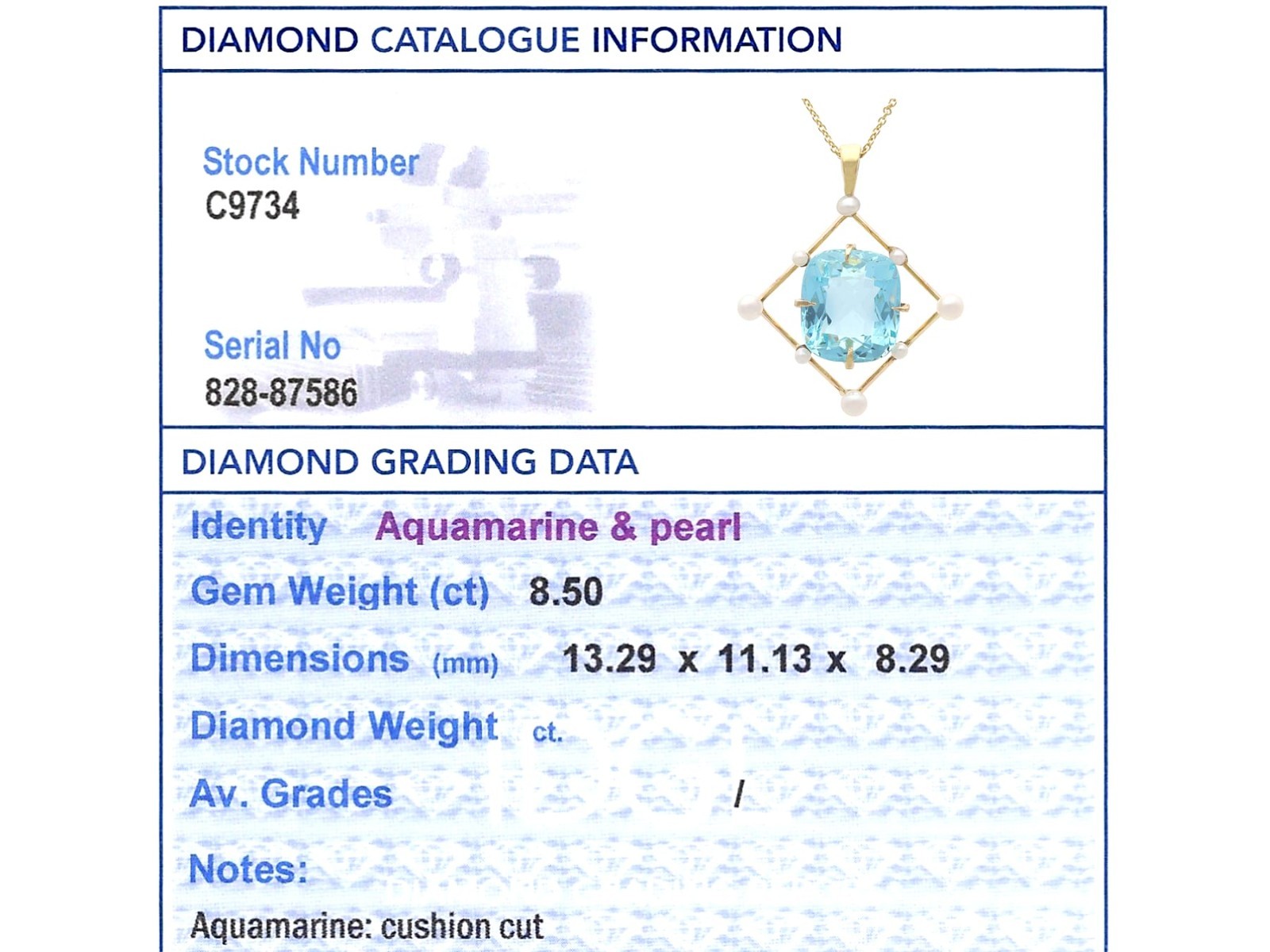 Antique 8.50Ct Aquamarine and Pearl 12k Yellow Gold Pendant Circa 1930
