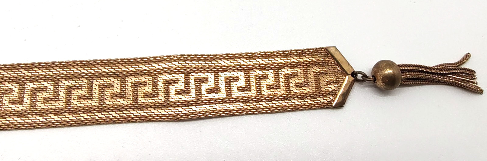 Art Deco Byzantine Greek Key Chain Tassel Gold Tone Mesh Slide Bracelet!