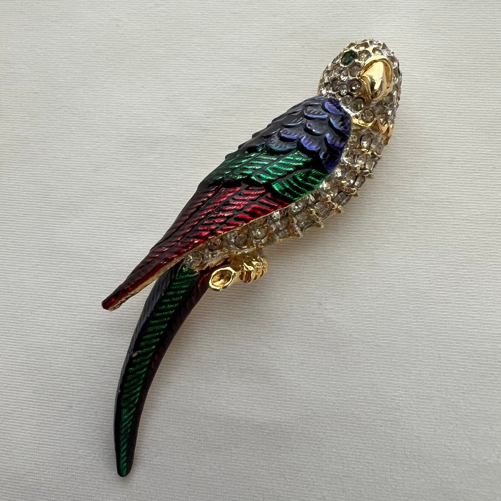 Vintage Pave Rhinestone Parrot Brooch Pin Guilloche Enamel Colorful Macaw Bird