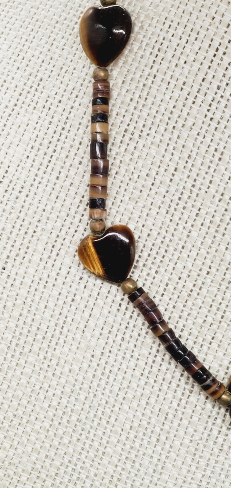 5 Tigers Eye Heart Shaped Beads Brown bead with Gold tone Necklace te02