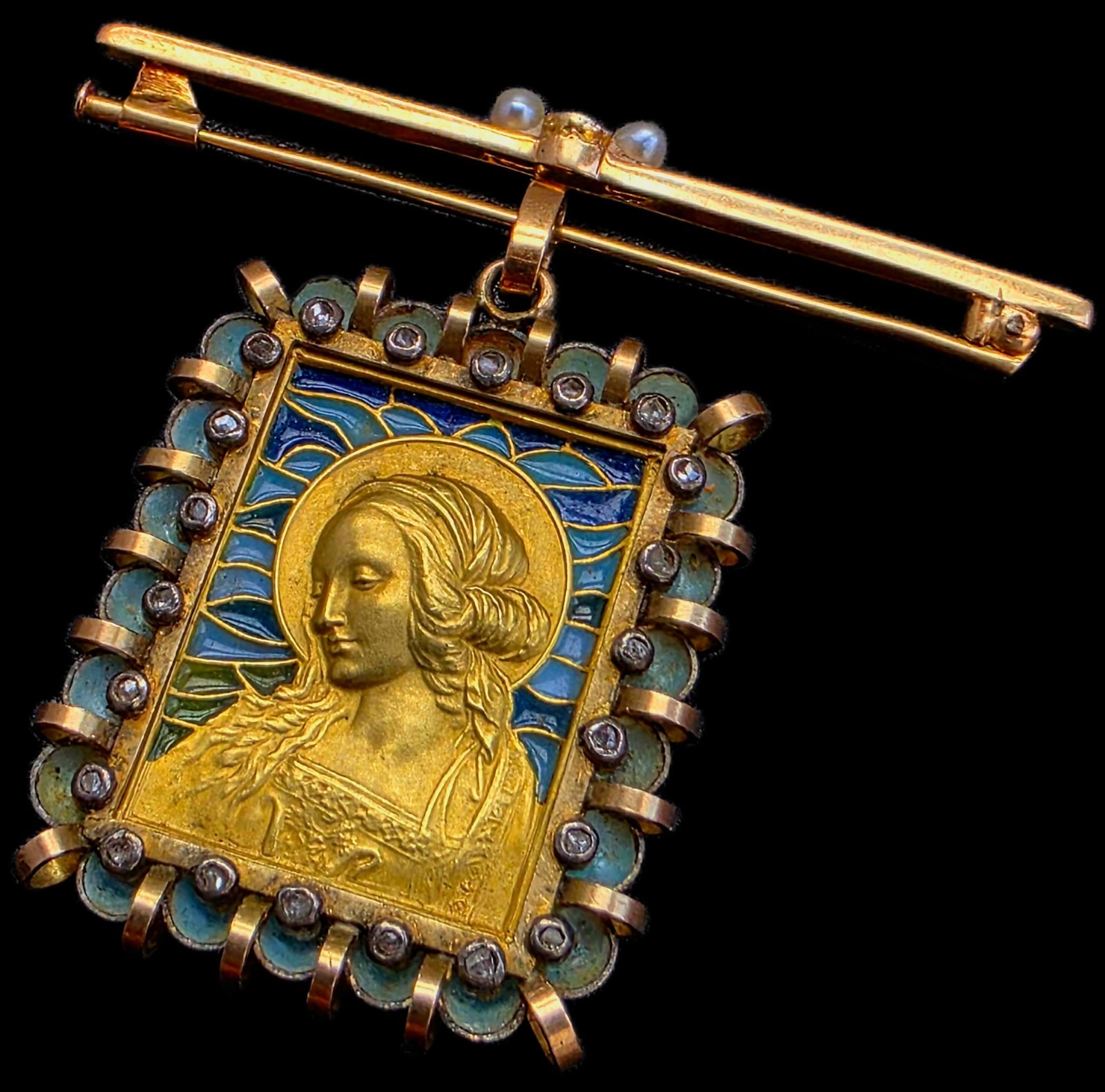 Fine Antique Art Deco 18K Gold Plique a Jour Virgin Mary Pendant Brooch C 1930