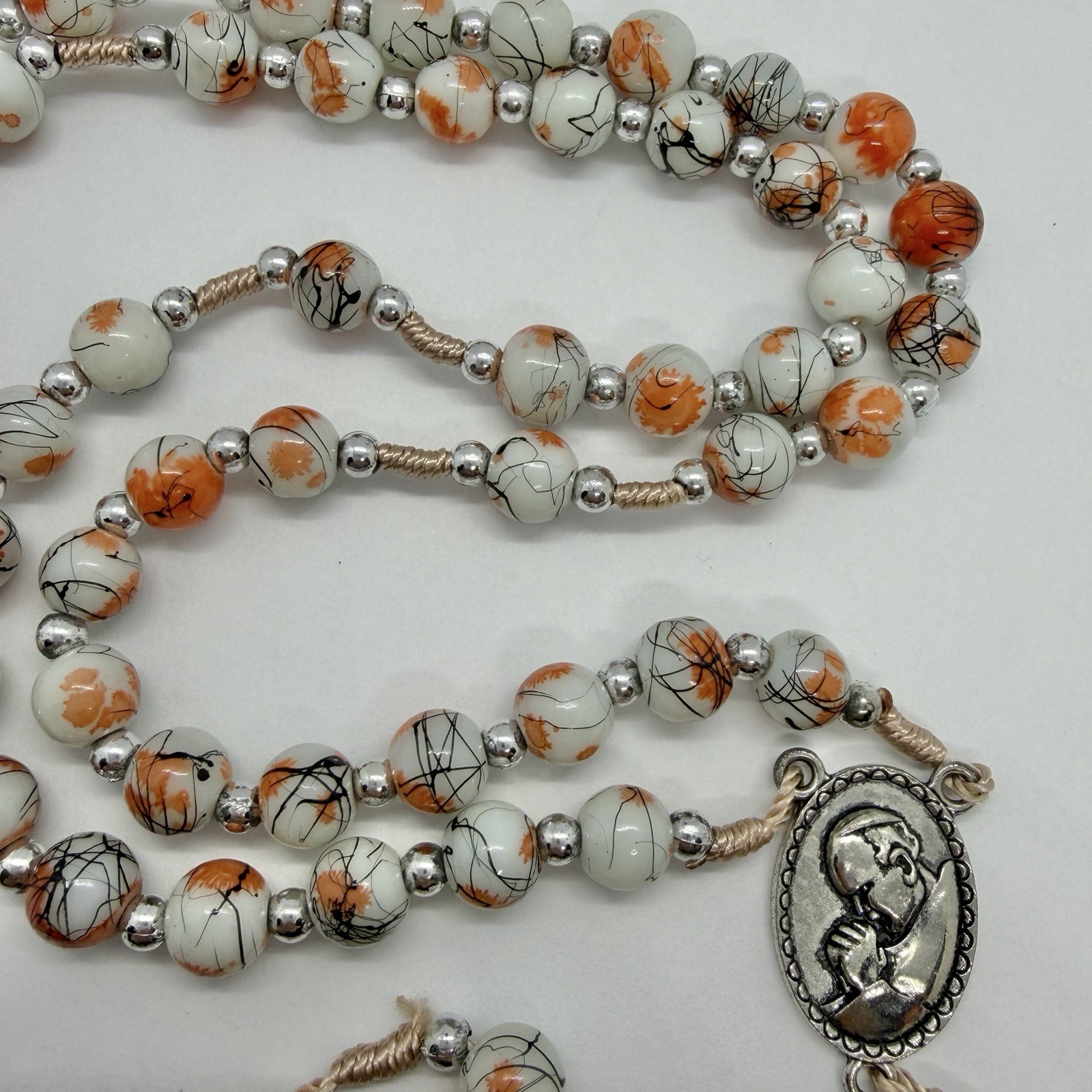 Vtg Catholic Religious Orange Rosary Glass Beads Necklace Silvertone Prayer