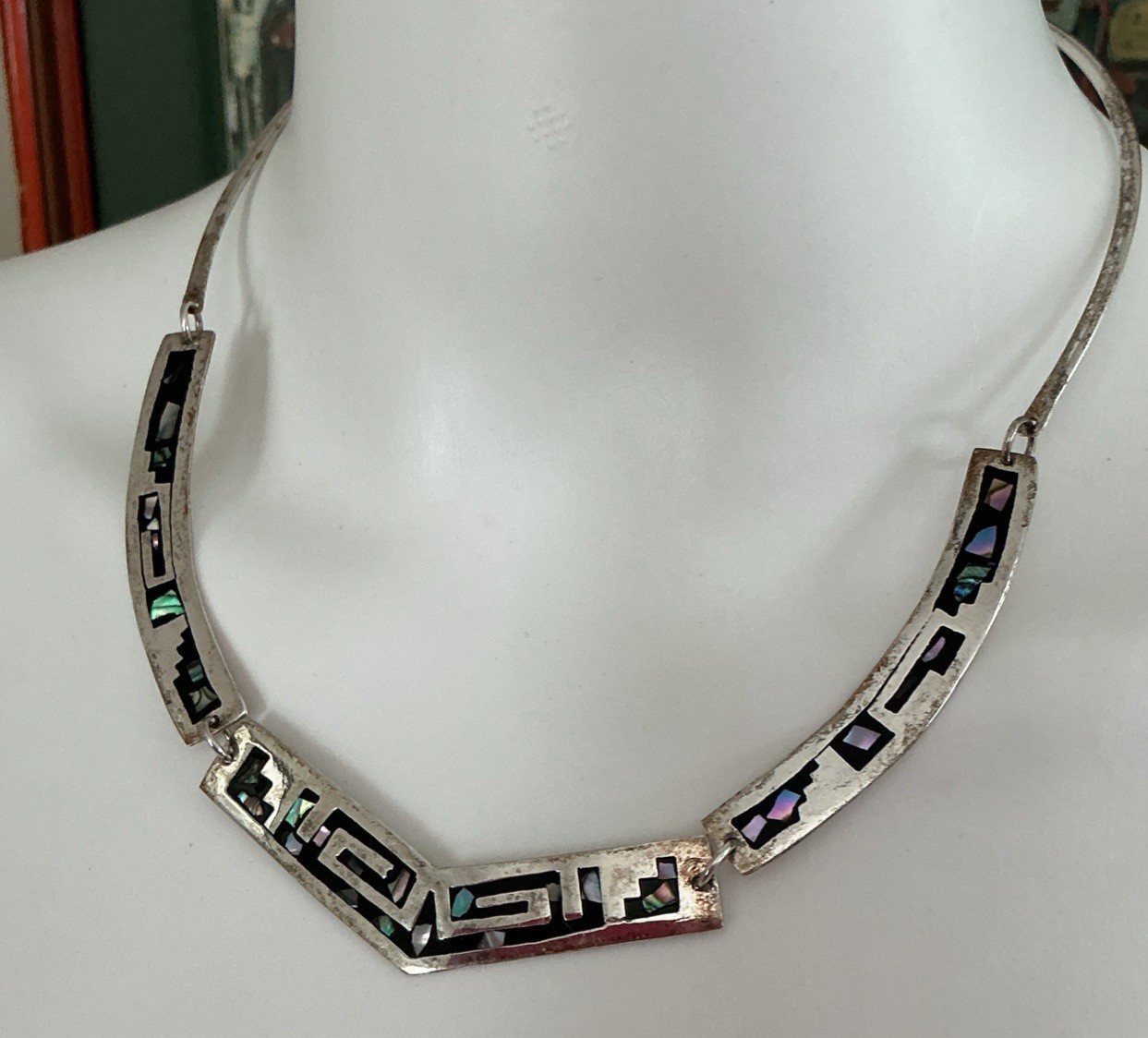 Vintage Alpaca Silver Mexico collar necklace with abalone shell inlay 16.5 in