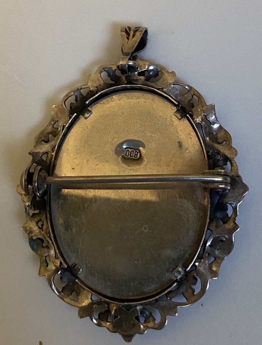 Vintage 800 Silver Filigree Blue Glass Hand Painted Portrait Brooch or Pendant