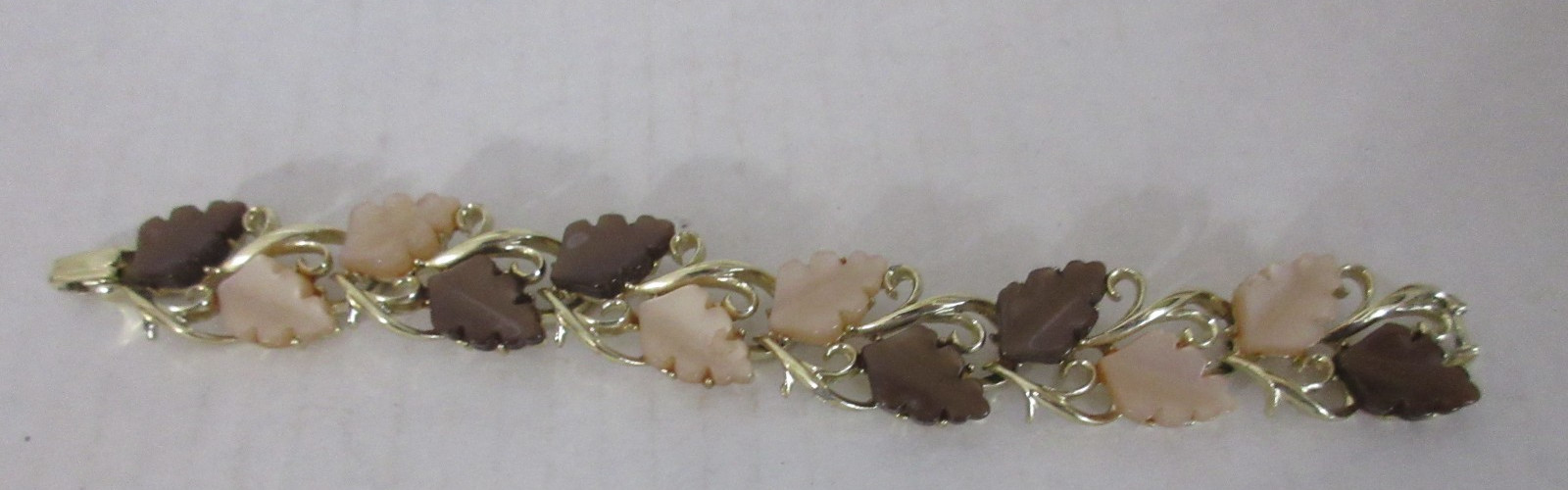 Vintage Gold Tone Bracelet with Moonglow Lucite Leaves, Brown and Tan, 1950-’60s
