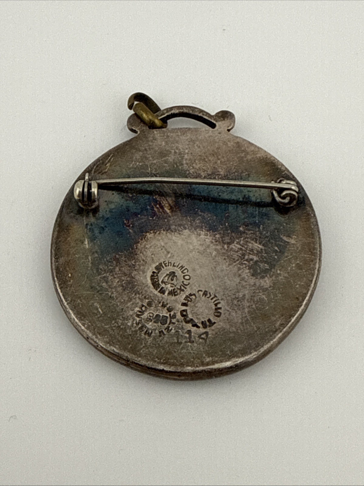 Vtg Los Castillo Sterling Silver Inlay Turquoise Pendant Brooch Taurus Zodiac