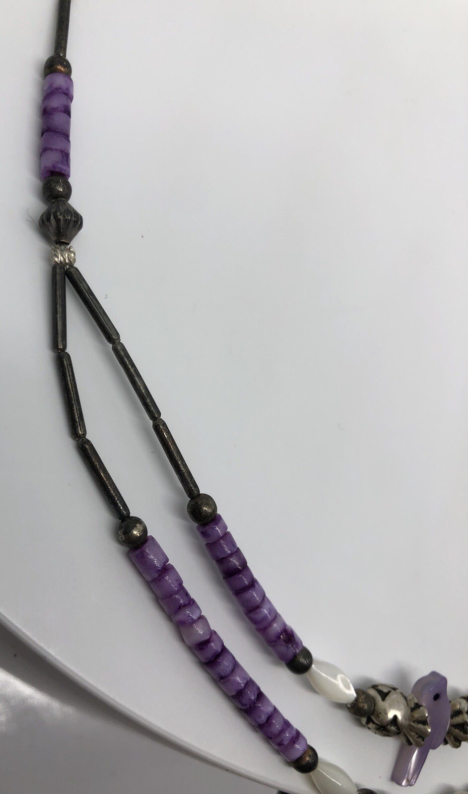 Equestrian Horse Necklace Purple Pony Pendant Silver Roses Beaded Bird 16”