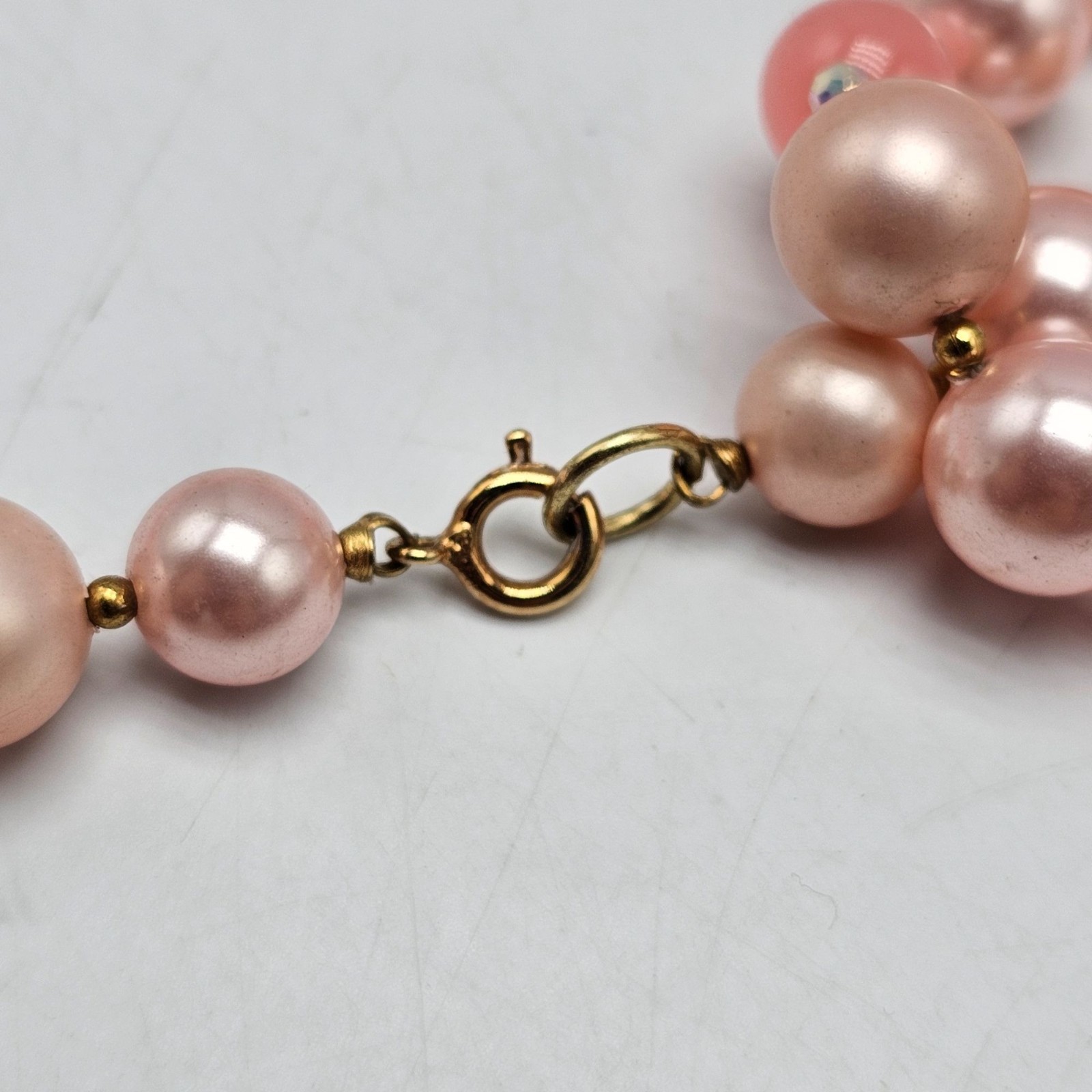 Pink Rose Gold Faux Pearl Acrylic Beaded Necklace Vintage Long 23.5 in