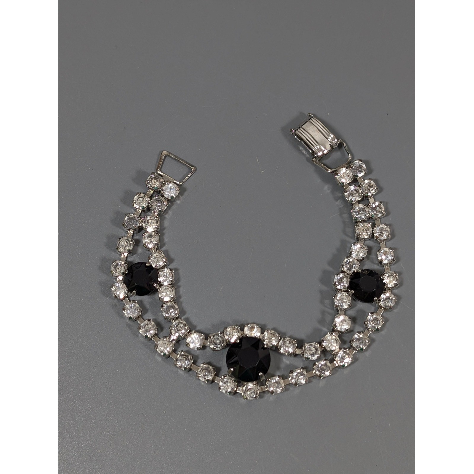 Vintage Black Clear Rhinestone Bracelet Silver Tone Glass Stones 7 Inch