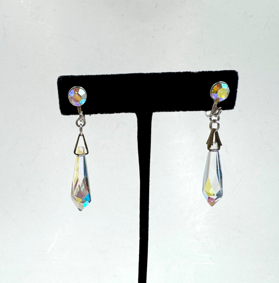 AURORA BOREALIS STELLA CRYSTAL OBELISK GORGEOUS VINTAGE DROP EARRINGS SCREW BACK