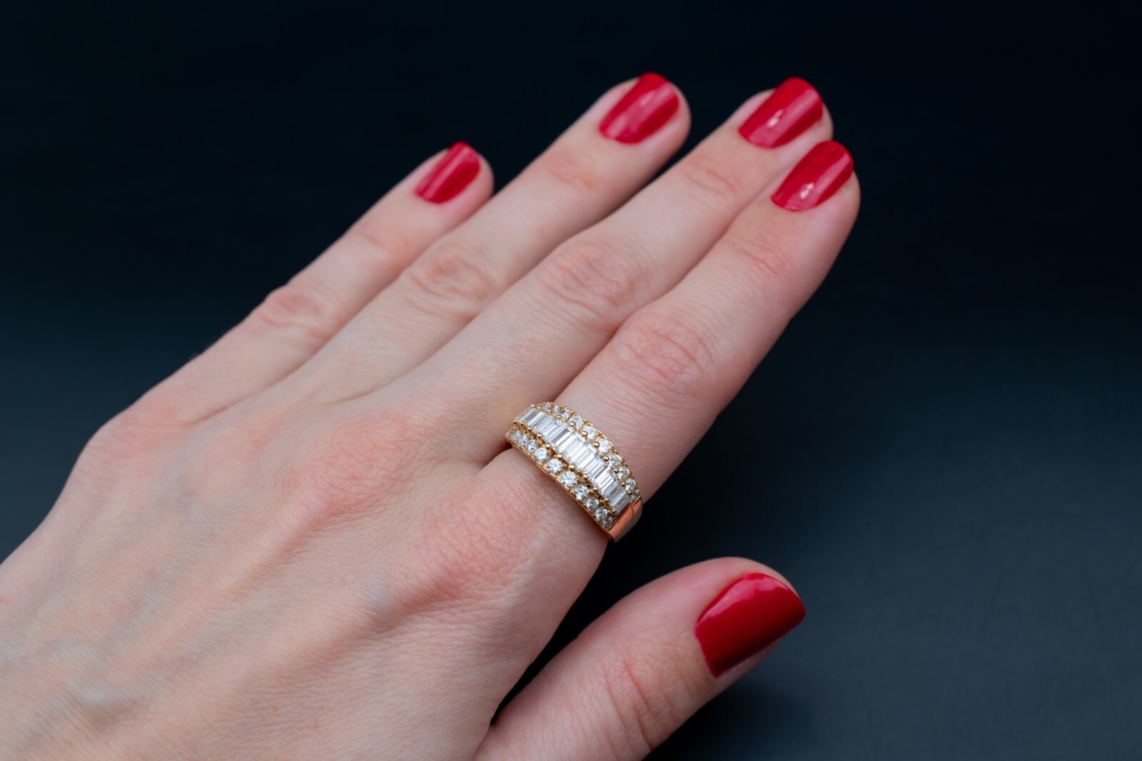 Right hand ring for women, massive baguette cz anniversary band solid 14K gold