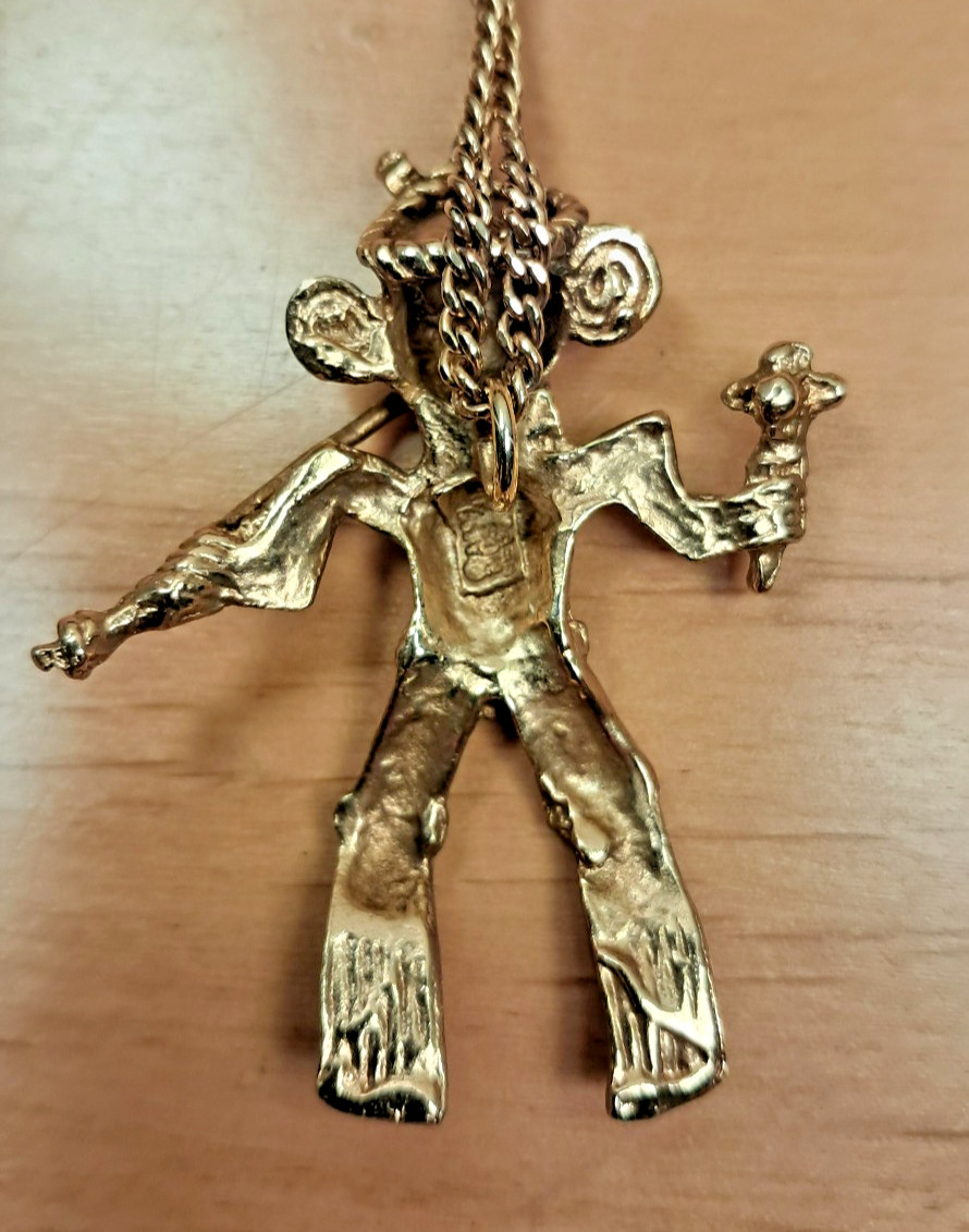 Vintage Alva Museum Replicas Gold Aztec Inca Flute Player Pendant