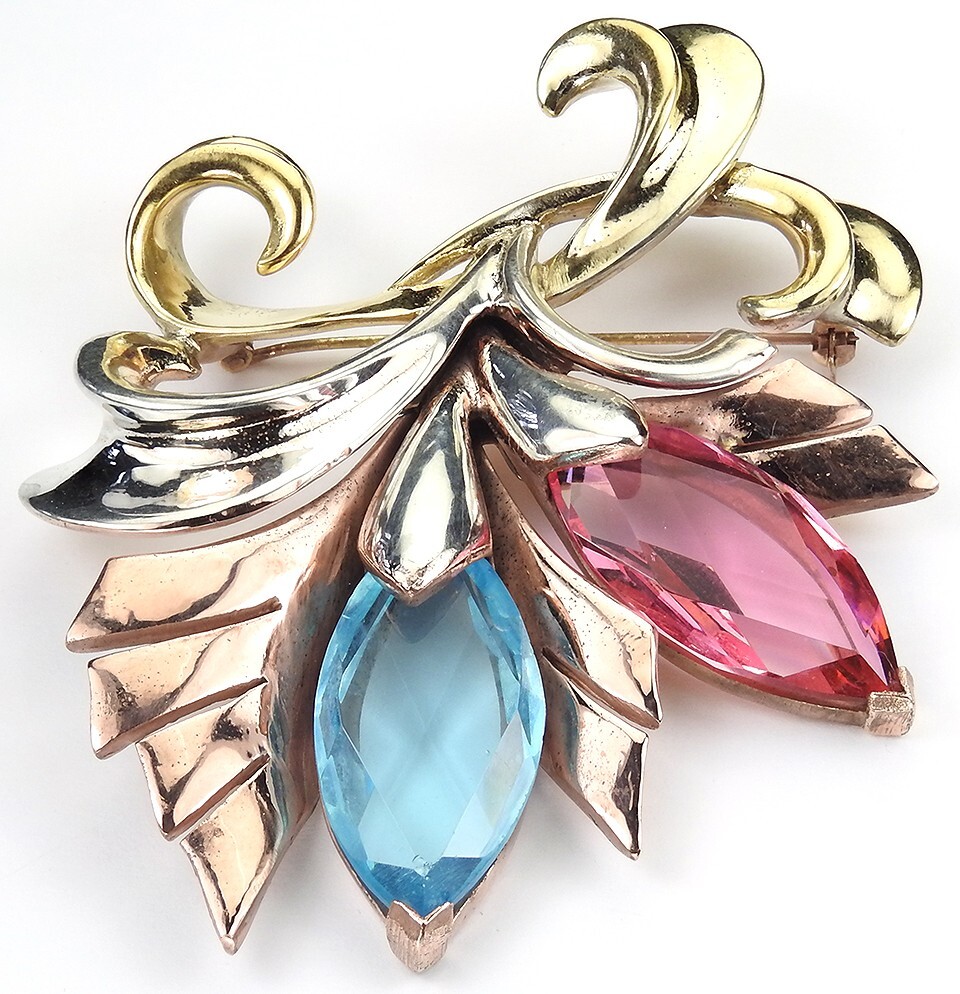 MB Boucher 3 Colour Gold Lozenge Cut Blue & Pink Topaz 2 Flower Spray Pin