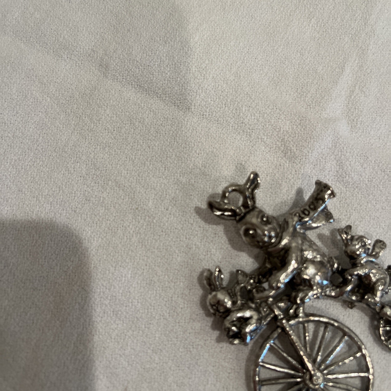 Vintage 2005 Bunny Trio On Penny-Farthing Type Bicycle 2” Pewter Pendant
