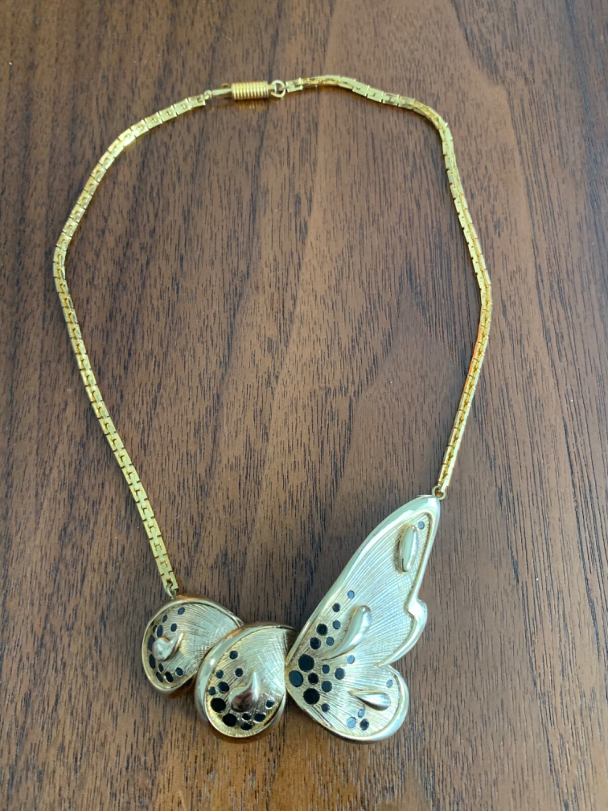 Vintage Orena Paris Gold Tone Black Enamel Necklace Butterfly Papillon