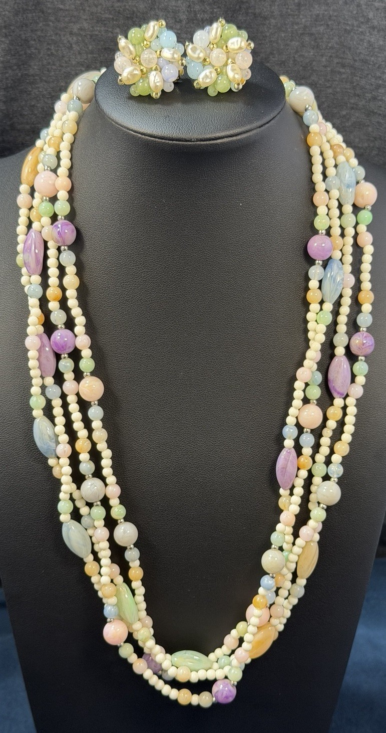 Vintage Multi Strand Glass Beaded Necklace Earrings Set 3 PC Lavender Pastels