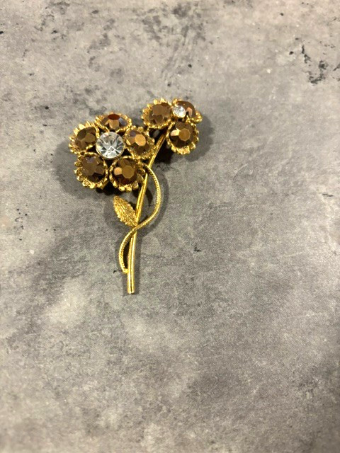 Brown Flower Brooch Gold Tone Floral Pin Costume with clear rhinestone