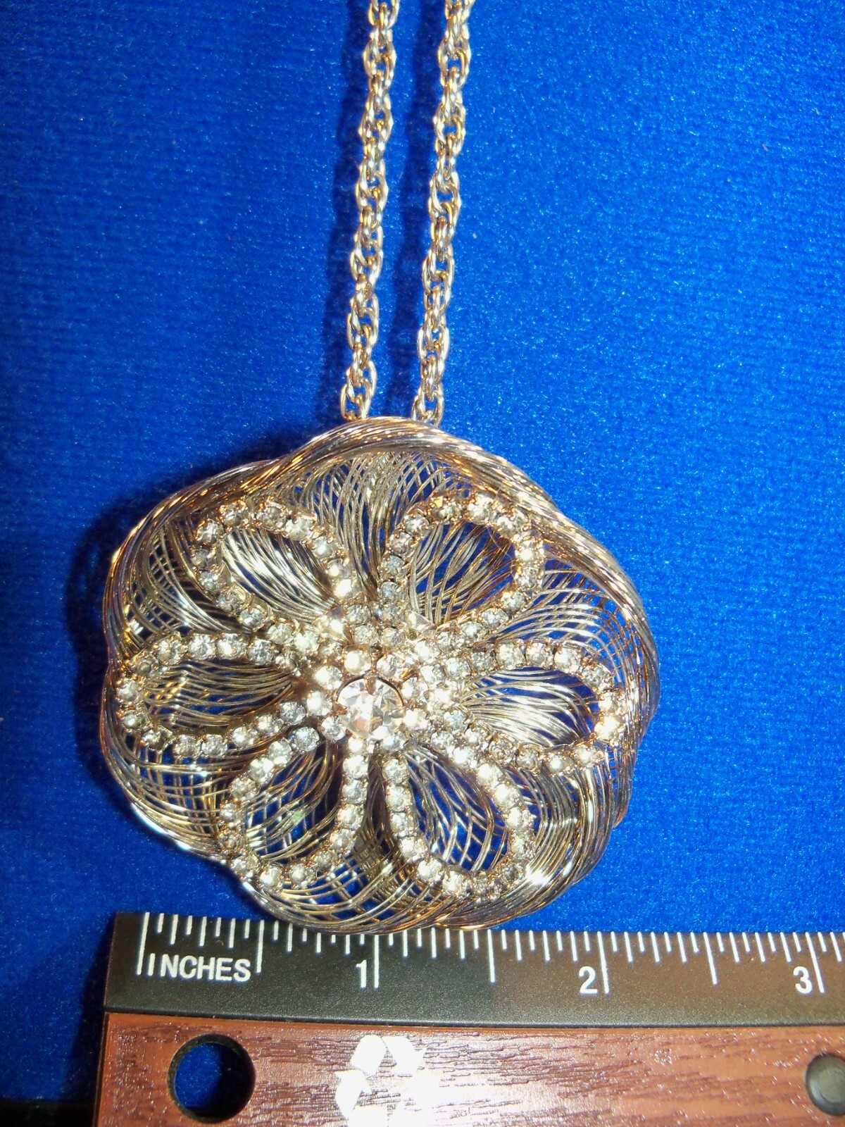 Vtg Rhinestone Flower Filigree Pendant Necklace Cannetille Silver Fine Wire Work