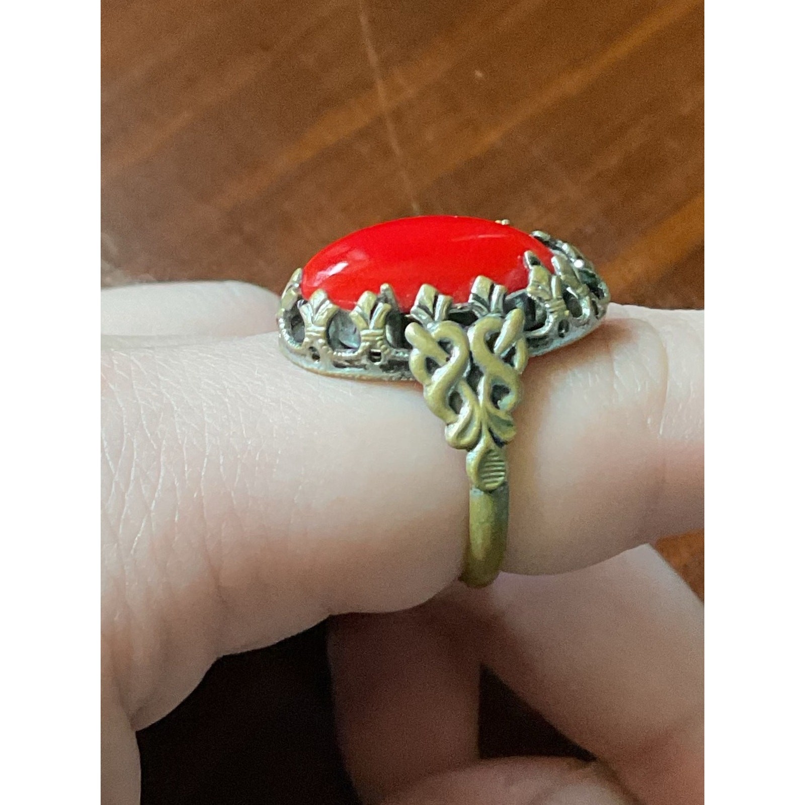 Vintage Red Coral Filigree Gold Tone Ring Size 7