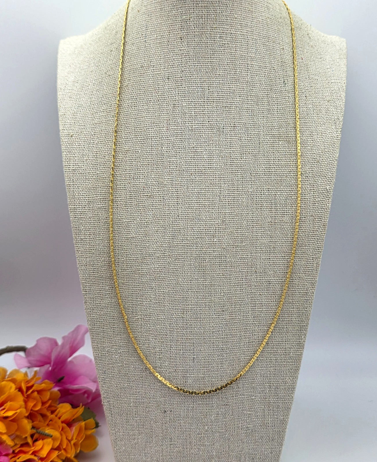 Vintage Gold Tone Herringbone Chain Necklace 23.5 in Classic Minimalist 1.6mm