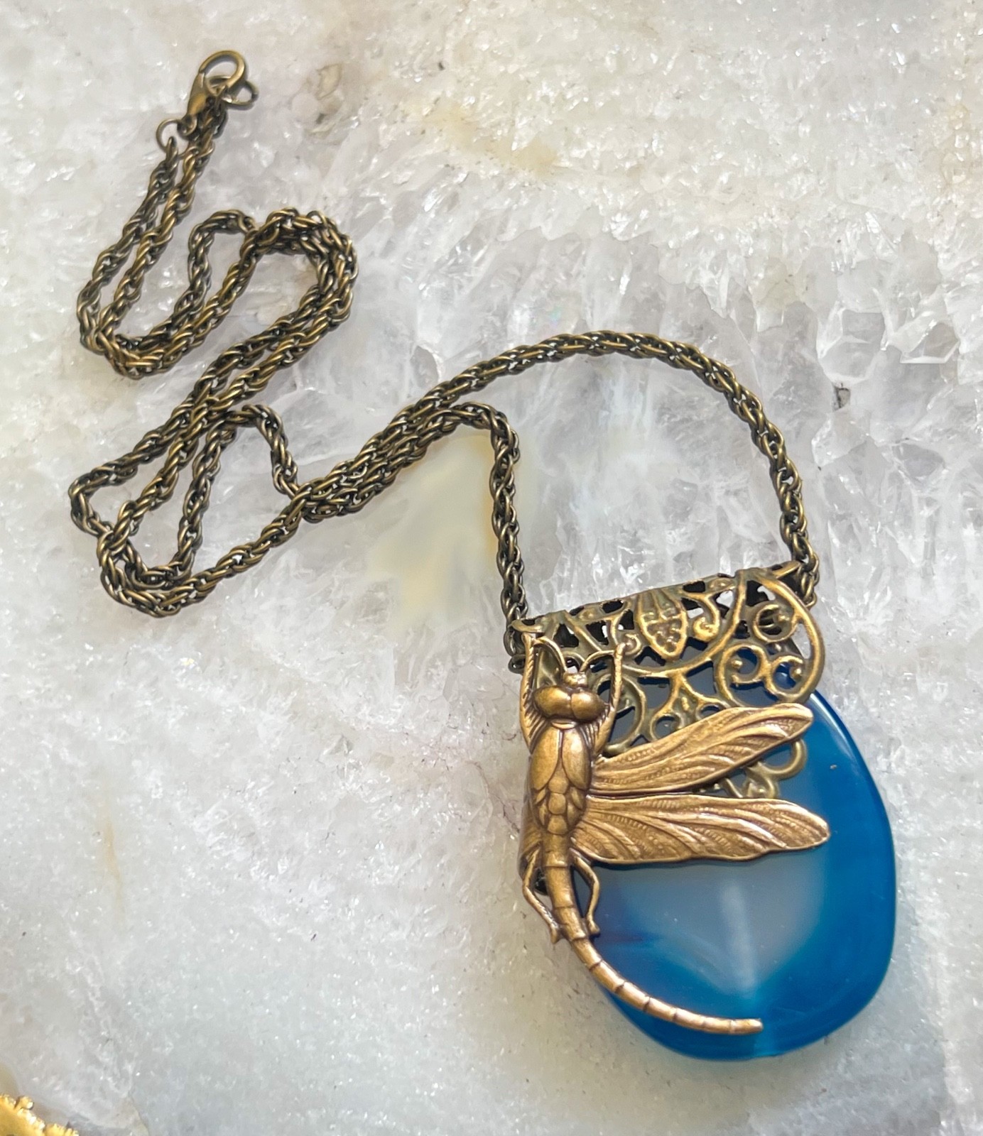 Dragonfly Necklace Art Nouveau Brass Damselfy Wrapped Blue Agate Pendant