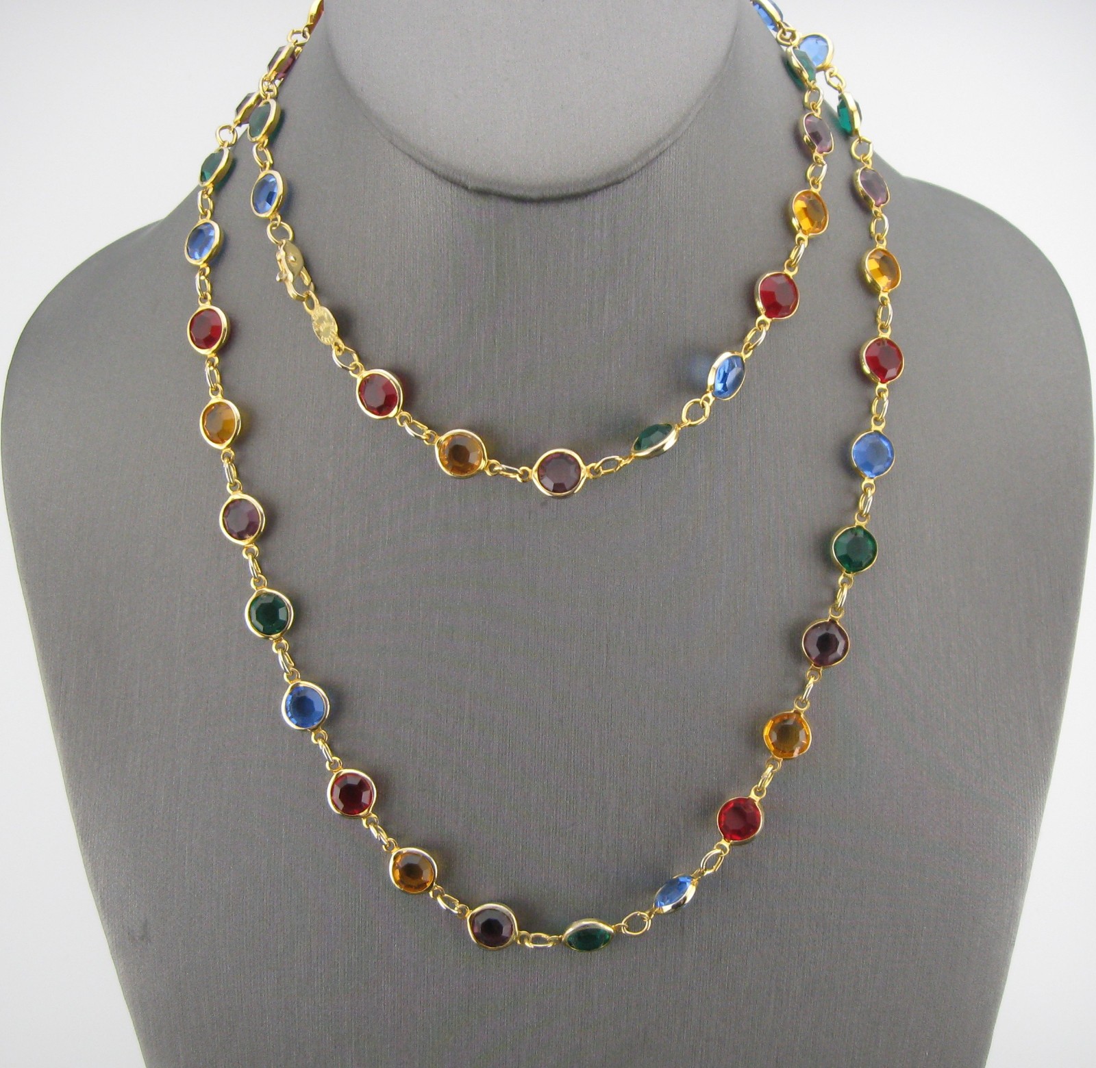 Vintage Austrian Bezel Set Crystal Multi Color Long Gold Tone Necklace 36″