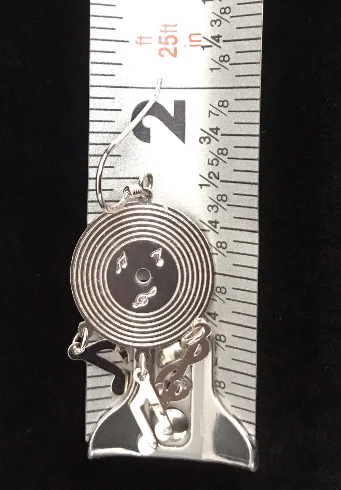 925 Sterling Silver Vinyl Record Earrings Music Notes Dangle Vintage Rock & Roll