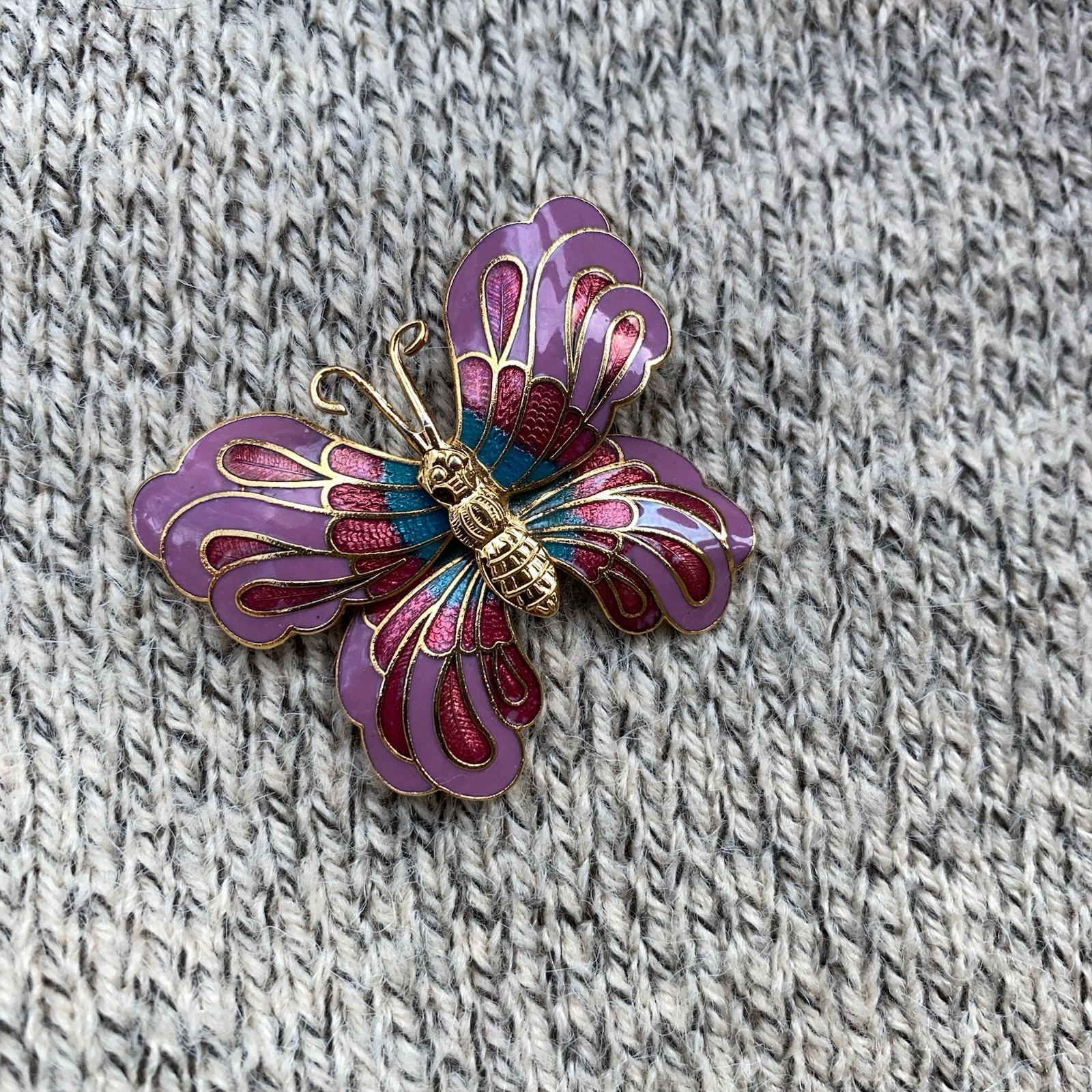 Vintage Butterfly Brooch Cloisone 3D Enamel Pink Lepidoptra 80s Gift Gold Tone