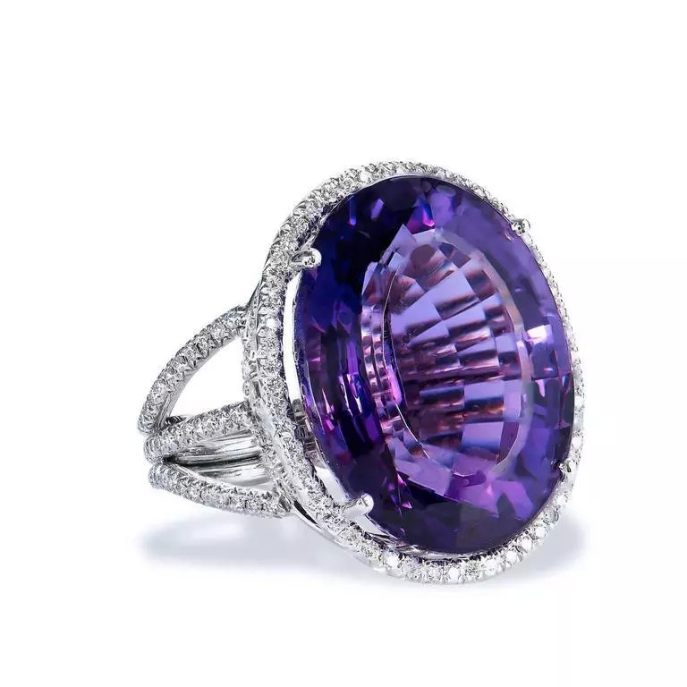 Violet Purple Oval Shape 23.00CT Amethyst With 0.78CT Round CZ Halo Wedding Ring