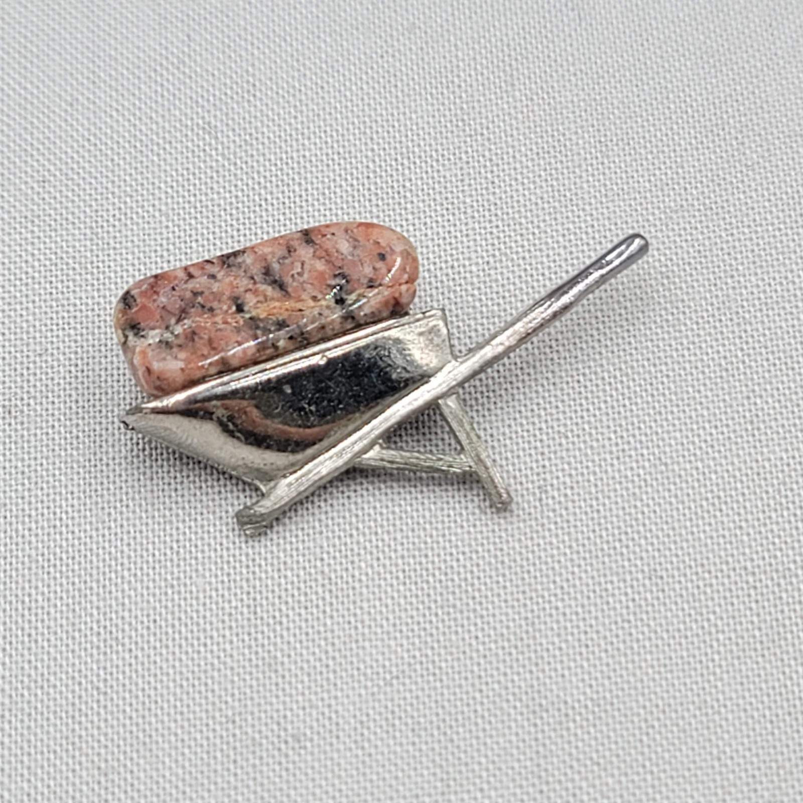 Vintage Pink Jasper Polished Stone Wheelbarrow Brooch Silver tone 1.5″