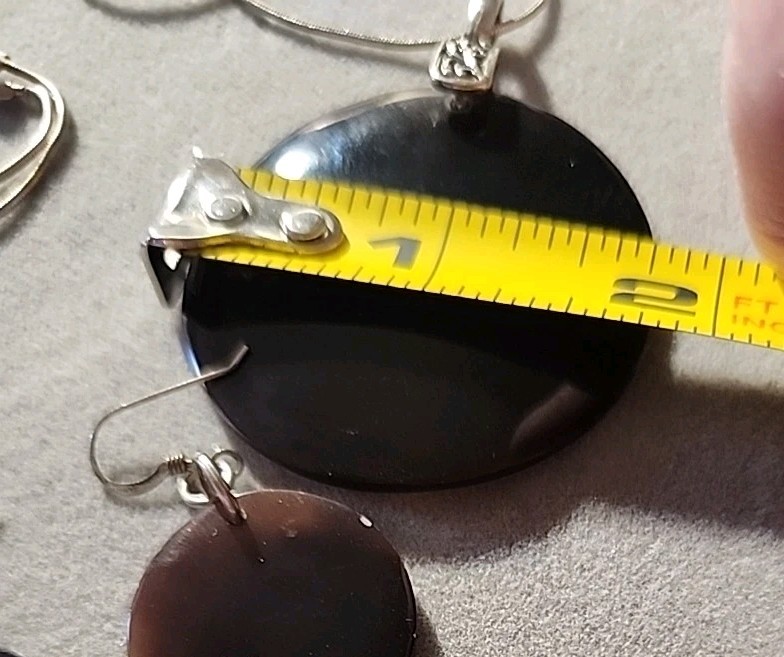 Vintage Brown Round Shell Sterling Silver Pendant Chain & Dangle Earring Set