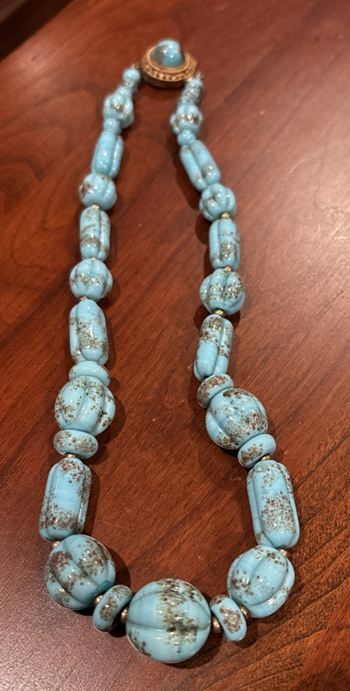 Antique Faux Turquoise Slag Glass Bead Beaded 16 1/2″ Necklace Textured Beads