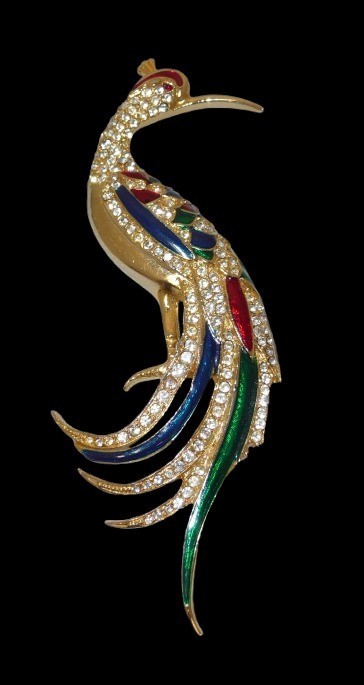 Rhinestone & Enamel Peacock Bird Brooch Red Green Purple Gold Multicolor