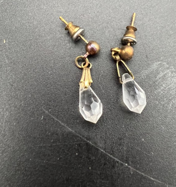 Vintage Pierced Gold Tone and Crystal Dangle Earrings w/Post Backs